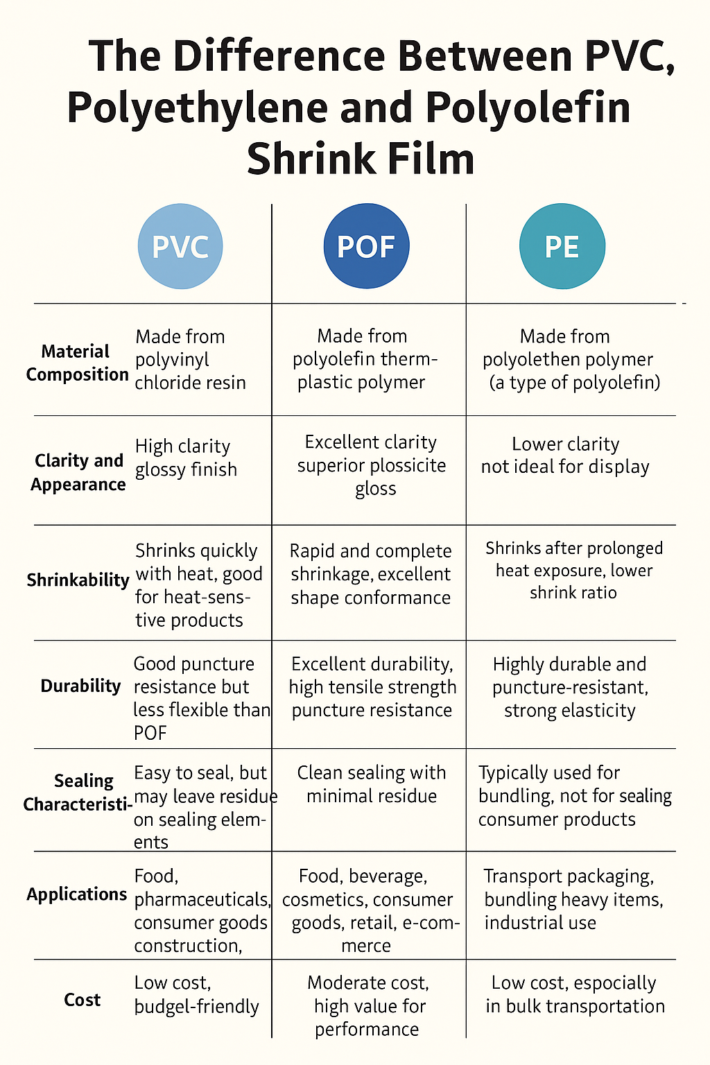 Different Between PVC,Polyolefin (POF), and Polyethylene (PE) Shrink Films